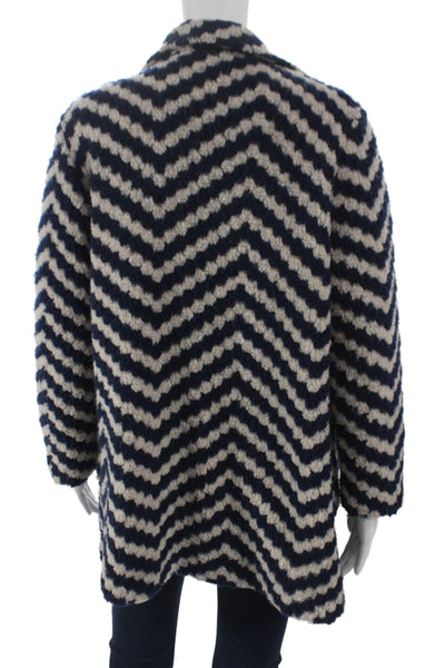 Vilagallo Women Virgin Wool Overcoat Chevron Blue Size 38
