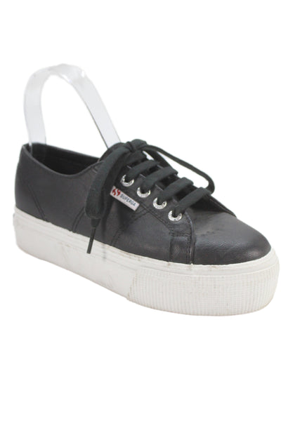 Superga Womens Leather Lace Up Platform Shoes Black White Size 6