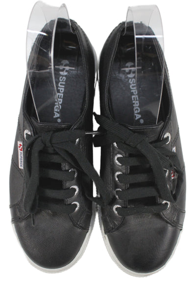 Superga Womens Leather Lace Up Platform Shoes Black White Size 6
