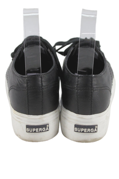 Superga Womens Leather Lace Up Platform Shoes Black White Size 6