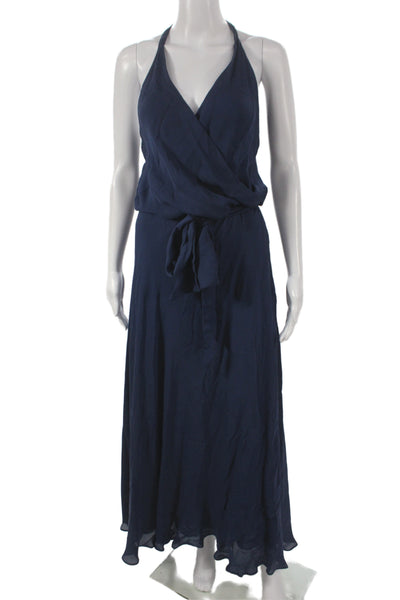 Haute Hippie Womens Halter Silk Maxi Dress Blue Tie Waist Sleeveless Size S