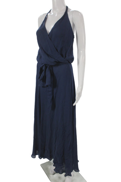 Haute Hippie Womens Halter Silk Maxi Dress Blue Tie Waist Sleeveless Size S