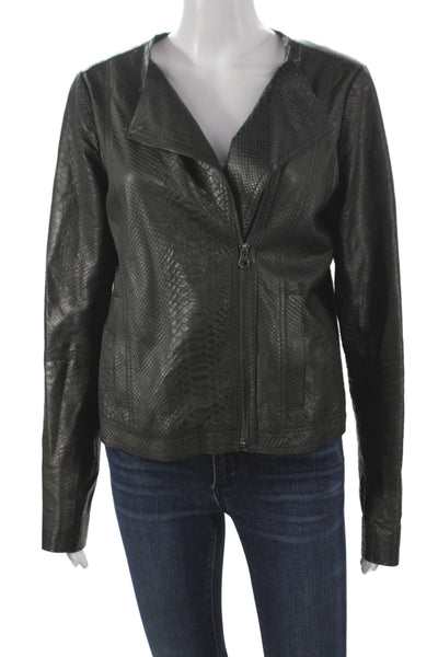 Vince Womens Biker Leather Jacket Black Animal Print Zip Long Sleeve Size L