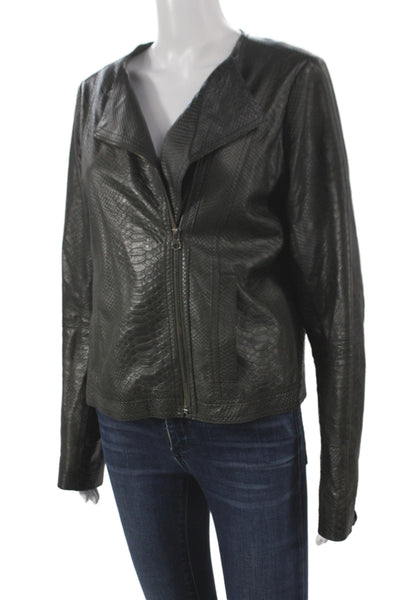 Vince Womens Biker Leather Jacket Black Animal Print Zip Long Sleeve Size L