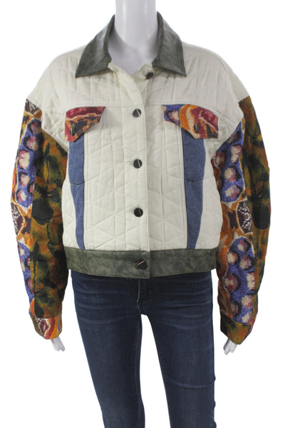 Desigual Womens Quilted Jacket White Geometric Lyocell Long Sleeve Size M