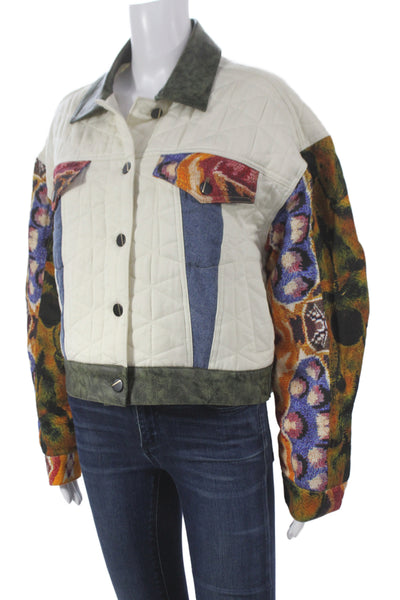 Desigual Womens Quilted Jacket White Geometric Lyocell Long Sleeve Size M