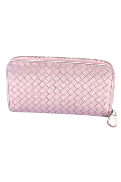 Bottega Veneta Womens Metallic Intrecciato Woven Zipped Wallet Pink