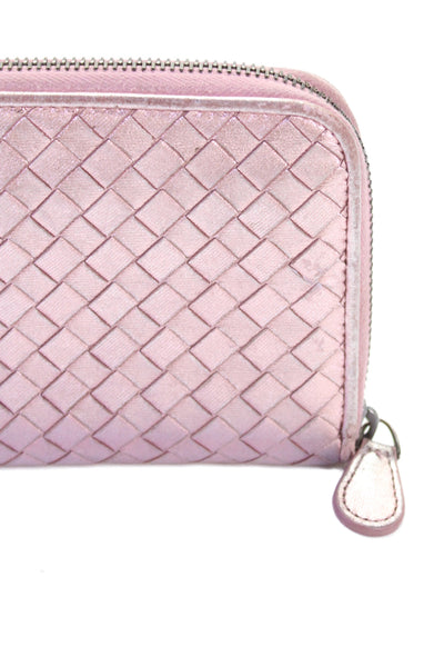 Bottega Veneta Womens Metallic Intrecciato Woven Zipped Wallet Pink