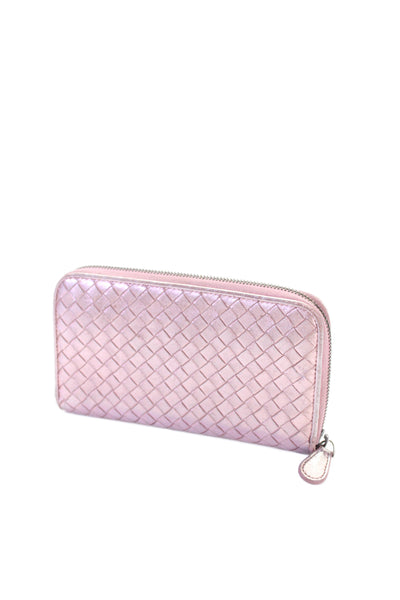 Bottega Veneta Womens Metallic Intrecciato Woven Zipped Wallet Pink