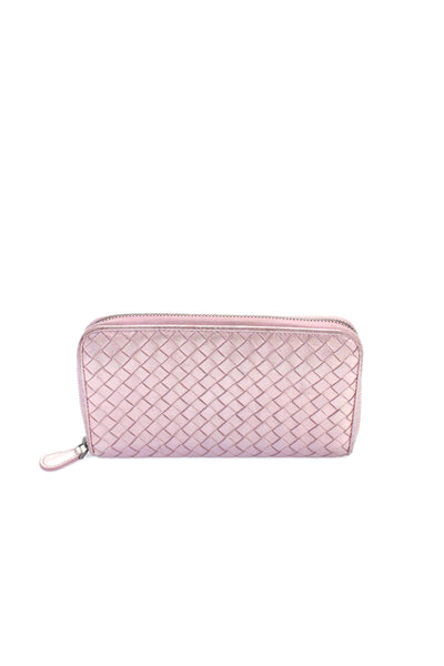 Bottega Veneta Womens Metallic Intrecciato Woven Zipped Wallet Pink
