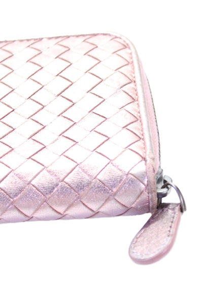 Bottega Veneta Womens Metallic Intrecciato Woven Zipped Wallet Pink