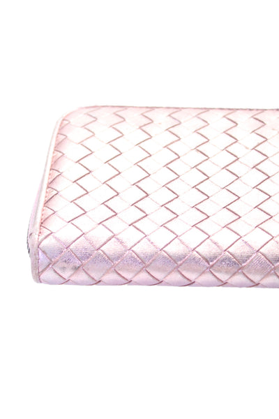 Bottega Veneta Womens Metallic Intrecciato Woven Zipped Wallet Pink