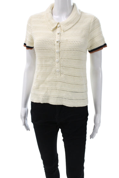 Cara Cara Women Ringer Polo Short Sleeve Collared Ivory 100% Cotton Size L