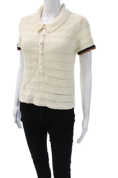 Cara Cara Women Ringer Polo Short Sleeve Collared Ivory 100% Cotton Size L