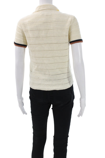 Cara Cara Women Ringer Polo Short Sleeve Collared Ivory 100% Cotton Size L