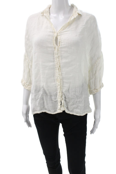 Sunday Tropez Womens Linen Collared Blouse Ivory 3/4 Sleeve Basic Size S