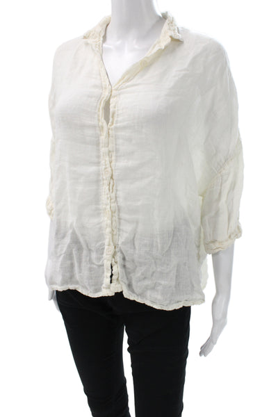 Sunday Tropez Womens Linen Collared Blouse Ivory 3/4 Sleeve Basic Size S