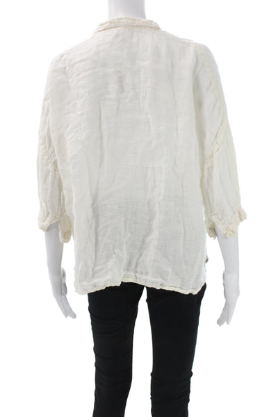 Sunday Tropez Womens Linen Collared Blouse Ivory 3/4 Sleeve Basic Size S