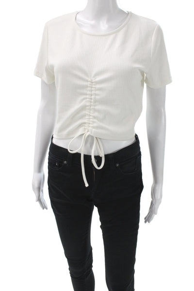 Mink Pink Womens Cropped White Ribbed Tee Short Sleeve Round Neck Tie Size L