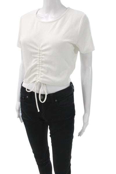 Mink Pink Womens Cropped White Ribbed Tee Short Sleeve Round Neck Tie Size L
