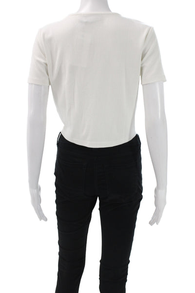 Mink Pink Womens Cropped White Ribbed Tee Short Sleeve Round Neck Tie Size L