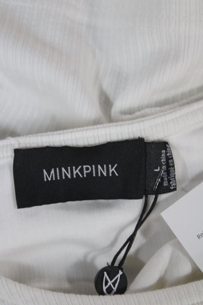 Mink Pink Womens Cropped White Ribbed Tee Short Sleeve Round Neck Tie Size L