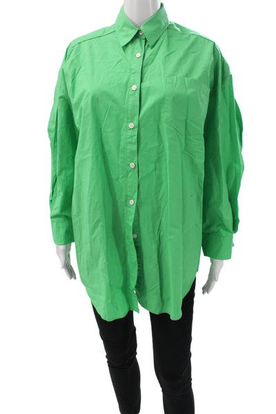 Frankie Shop Women Collared Long Sleeve Tunic Button-Up Green Cotton Size XS