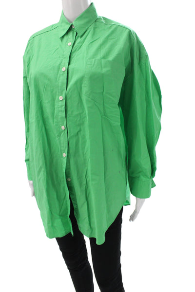 Frankie Shop Women Collared Long Sleeve Tunic Button-Up Green Cotton Size XS