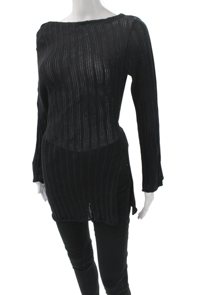 Dissh Women Tunic Blouse Long Sleeve Boat Neck Black Size L