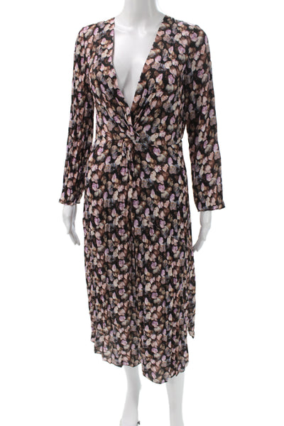 Vince Women A-Line V-Neck Black Floral Midi Dress Long Sleeve Size 0