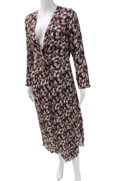 Vince Women A-Line V-Neck Black Floral Midi Dress Long Sleeve Size 0