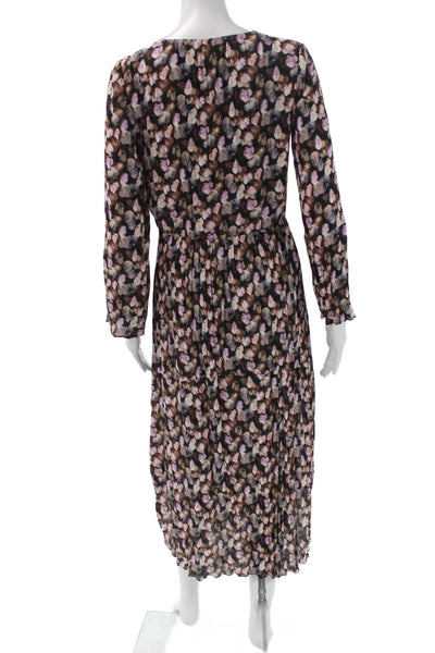 Vince Women A-Line V-Neck Black Floral Midi Dress Long Sleeve Size 0