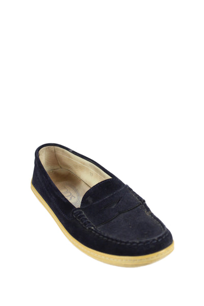Tods Womens Slip On Round Toe Suede Loafers Navy Beige Size 37