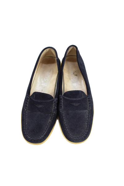 Tods Womens Slip On Round Toe Suede Loafers Navy Beige Size 37