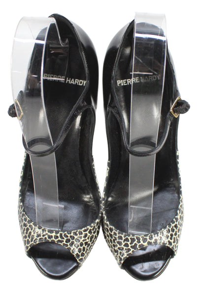 Pierre Hardy Womens Stiletto Snakeskin Trim Peep Toe Pumps Black White Size 36