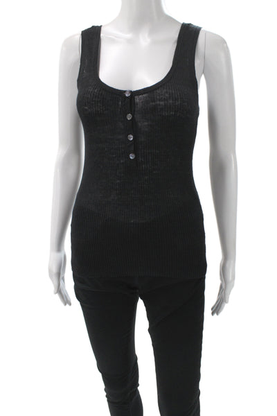Nili Lotan Women Basic Sleeveless Henley Linen Tank Black Size XS