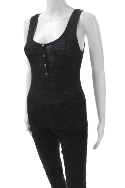 Nili Lotan Women Basic Sleeveless Henley Linen Tank Black Size XS