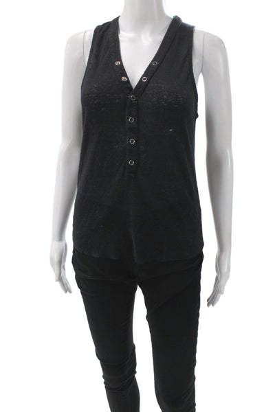 The Range Women Black Henley Button Sleeveless Tank Basic 50% Linen Size S