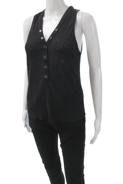 The Range Women Black Henley Button Sleeveless Tank Basic 50% Linen Size S