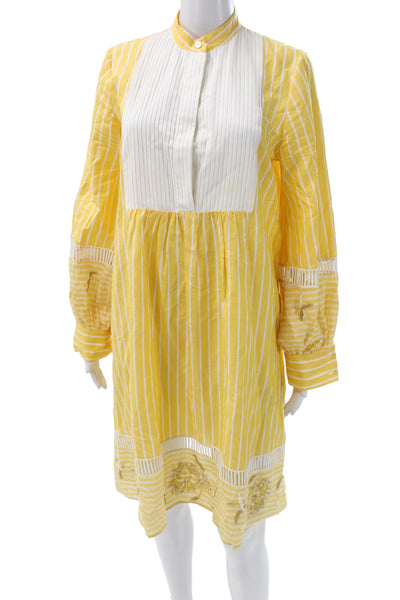 Kiton Women Shirt Dress Yellow Striped Long Sleeve Cotton Size 42