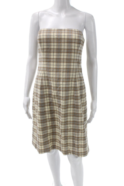 Shoshanna Women Beige Plaid Off the Shoulder Sleeveless Sheath Dress Size 10