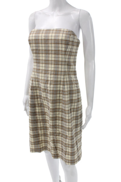 Shoshanna Women Beige Plaid Off the Shoulder Sleeveless Sheath Dress Size 10