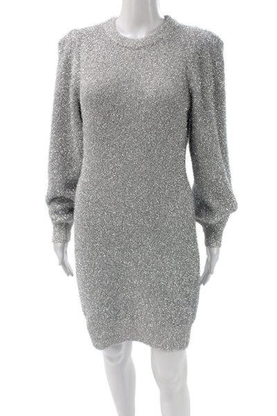 Ronny Kobo Women Mini Metallic Knit Dress Silver Long Sleeve Crew Neck Size L