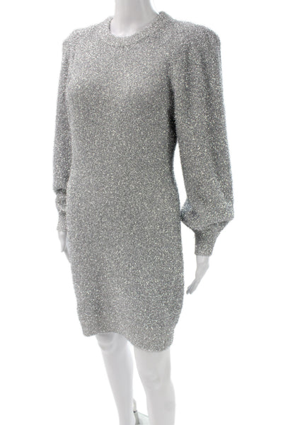 Ronny Kobo Women Mini Metallic Knit Dress Silver Long Sleeve Crew Neck Size L