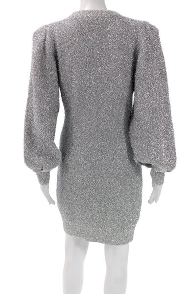Ronny Kobo Women Mini Metallic Knit Dress Silver Long Sleeve Crew Neck Size L