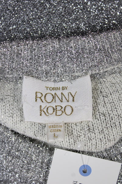 Ronny Kobo Women Mini Metallic Knit Dress Silver Long Sleeve Crew Neck Size L