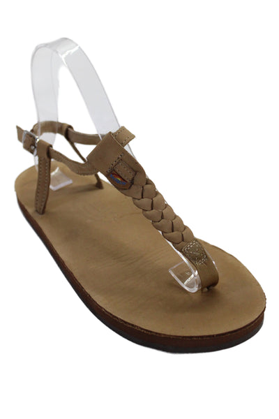 Rainbow Women's Leather T-Straps Buckle Flat Sandals Beige Size 7