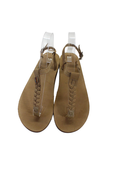 Rainbow Women's Leather T-Straps Buckle Flat Sandals Beige Size 7
