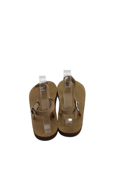 Rainbow Women's Leather T-Straps Buckle Flat Sandals Beige Size 7