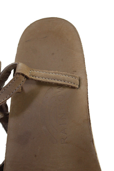 Rainbow Women's Leather T-Straps Buckle Flat Sandals Beige Size 7